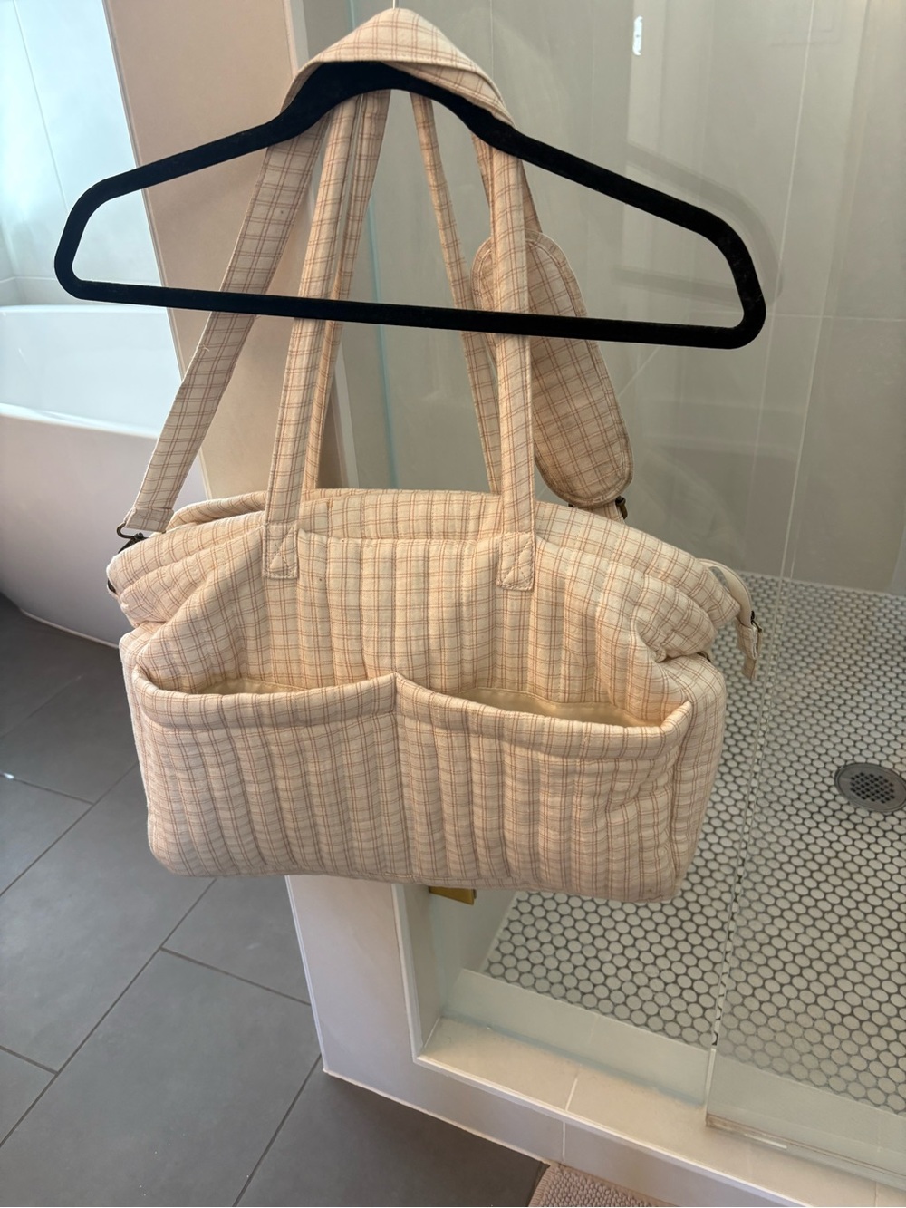 Quilted Cream Plaid Tote Bag - Neutral Checkered Shoulder Bag Quincy Mae